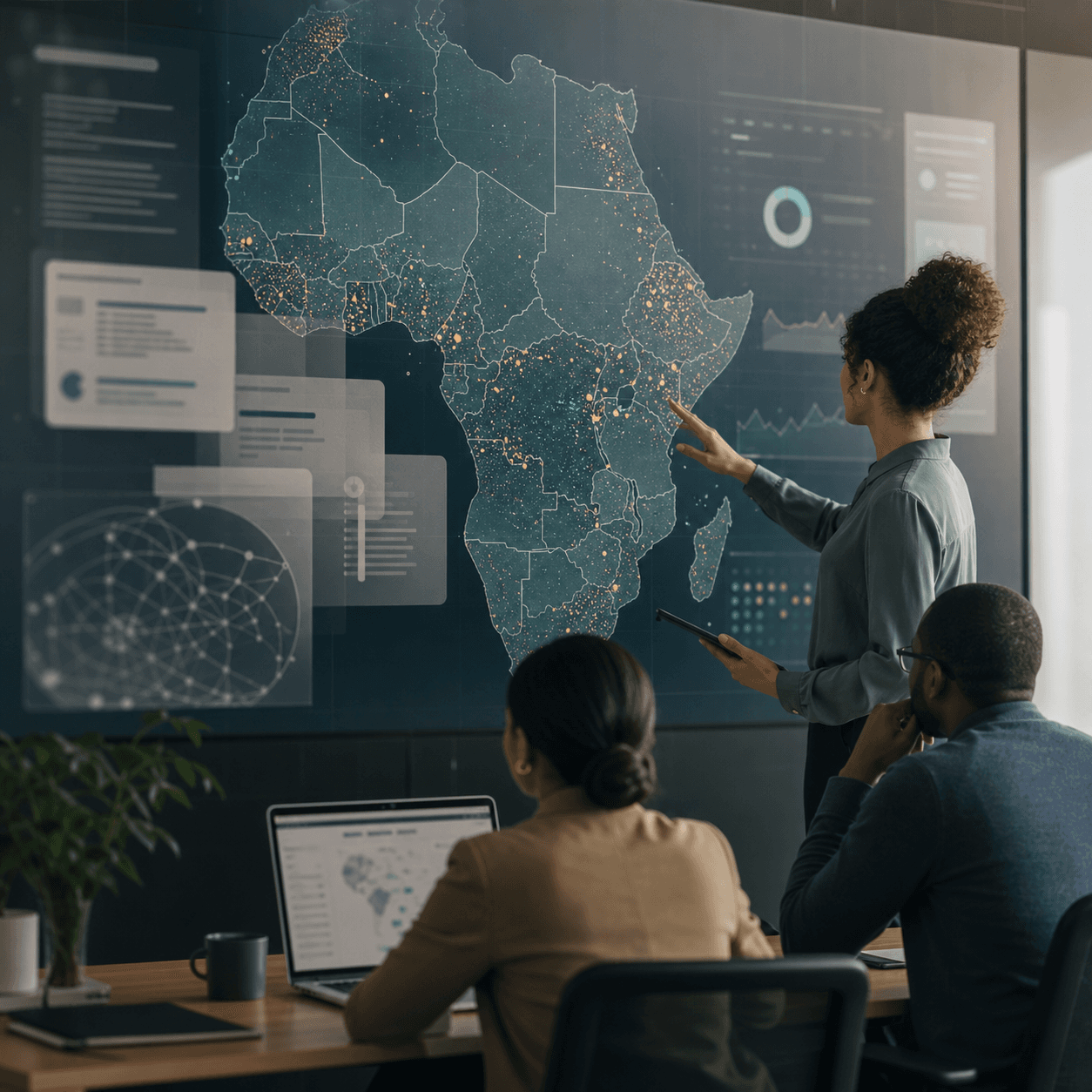 Analysts reviewing anonymized OGBV evidence on an Africa map