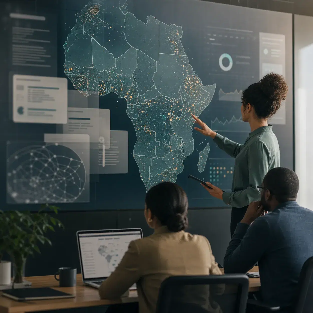 Analysts reviewing anonymized OGBV evidence on an Africa map